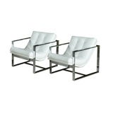 Pair of Milo Baughman Chrome & White Leather Cube Chairs