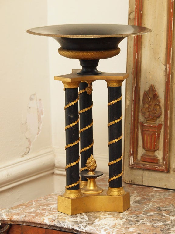 Russian Gilt and painted bronze and painted classical three column based tazza with engine turned collars and base to the bowl as well as delicate vines running up the columns