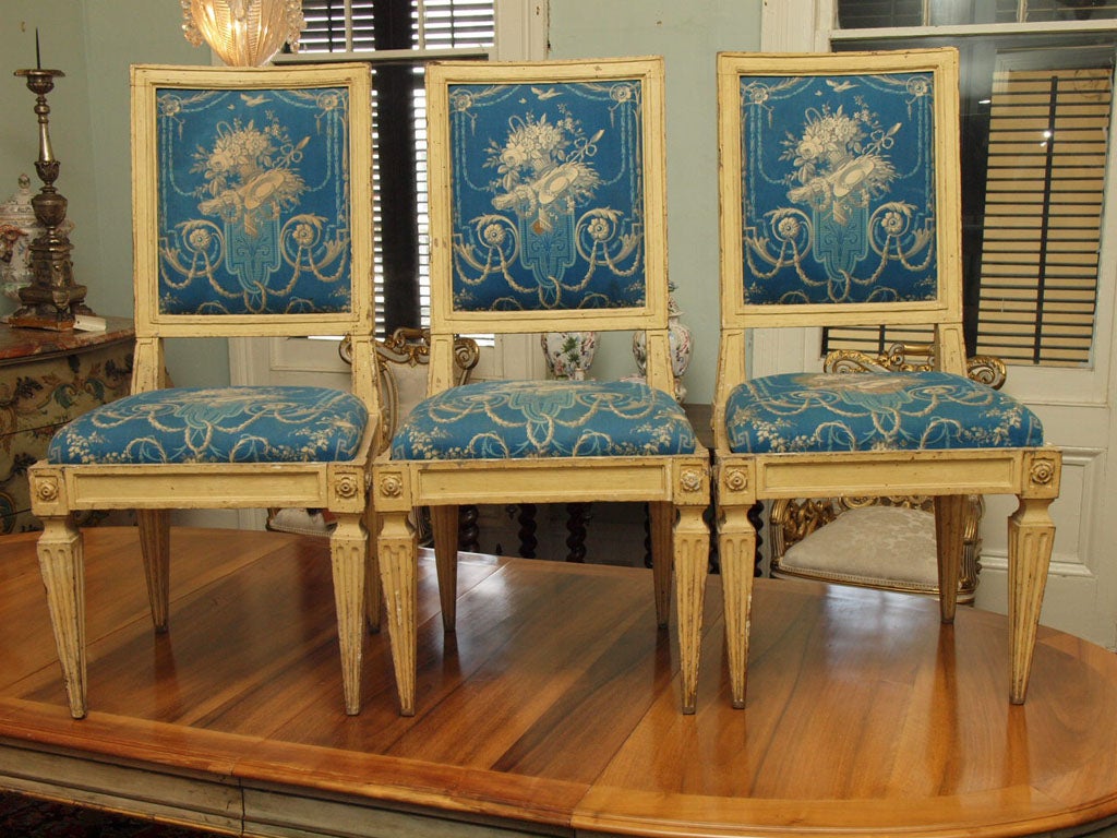 Exceptional painted Italian Directiore dining chairs with toile covers. These chairs are nice and large. Very usable for dining