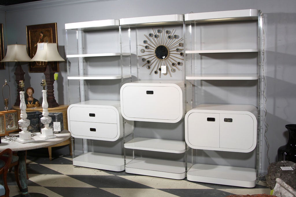 Fabulous wall unit for your collection.  1960's-1970's Modular Lucite and Laminate Wall Unit that is finished on the back.