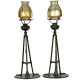 LC Tiffany 3-Leg Candlesticks with Snuffers and Blue Cabachons