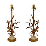 Pair Metal Floral Lamps with Alabaster and Shaped Gilt Bases