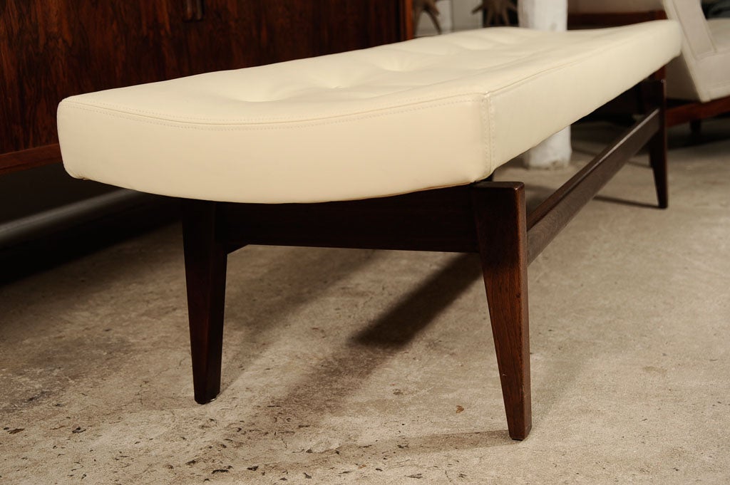 Walnut and leather Jens Risom button tufted cream leather bench