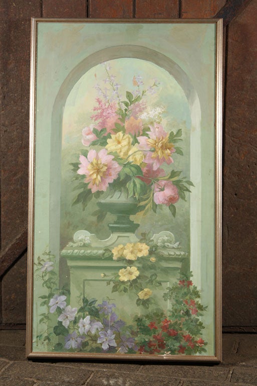 Signed oil painting of lush flowers in a classical urn. Oil on canvas in gilt frame by R. Martin.