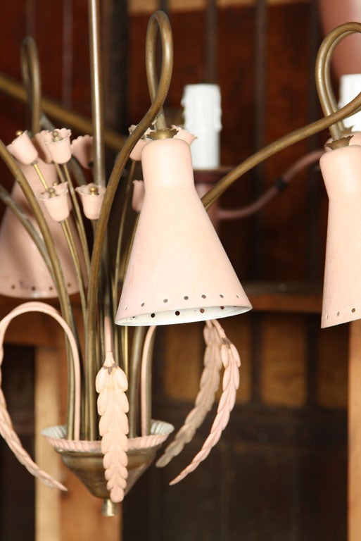 American Mid-Century Modern Brass and Pink Painted Metal Chandelier