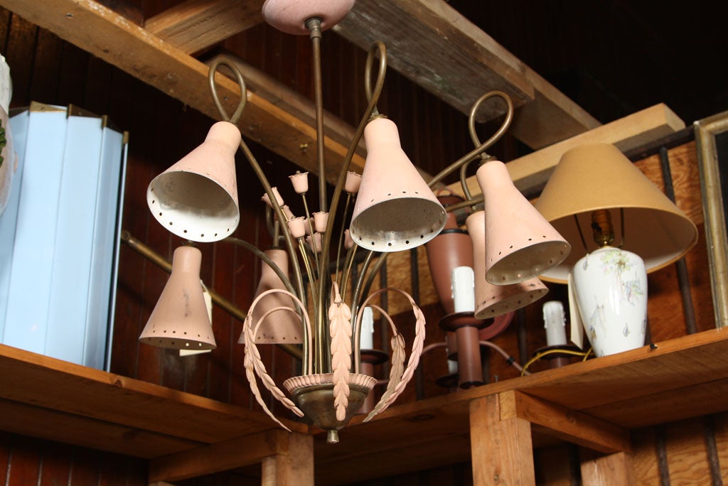Mid-Century Modern Brass and Pink Painted Metal Chandelier 1