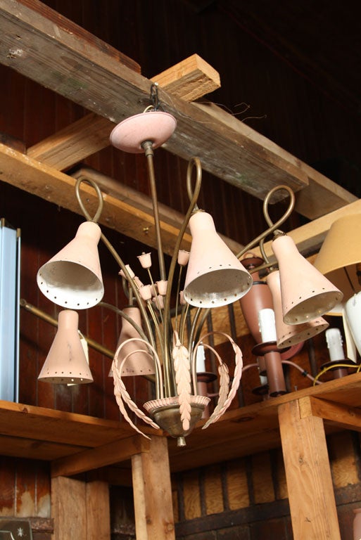 Mid-Century Modern Brass and Pink Painted Metal Chandelier 2