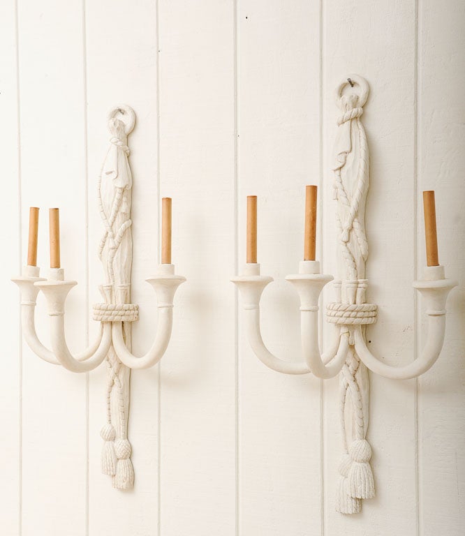 Pair of Painted Carved Wood Tassel Sconces After Dorothy Draper