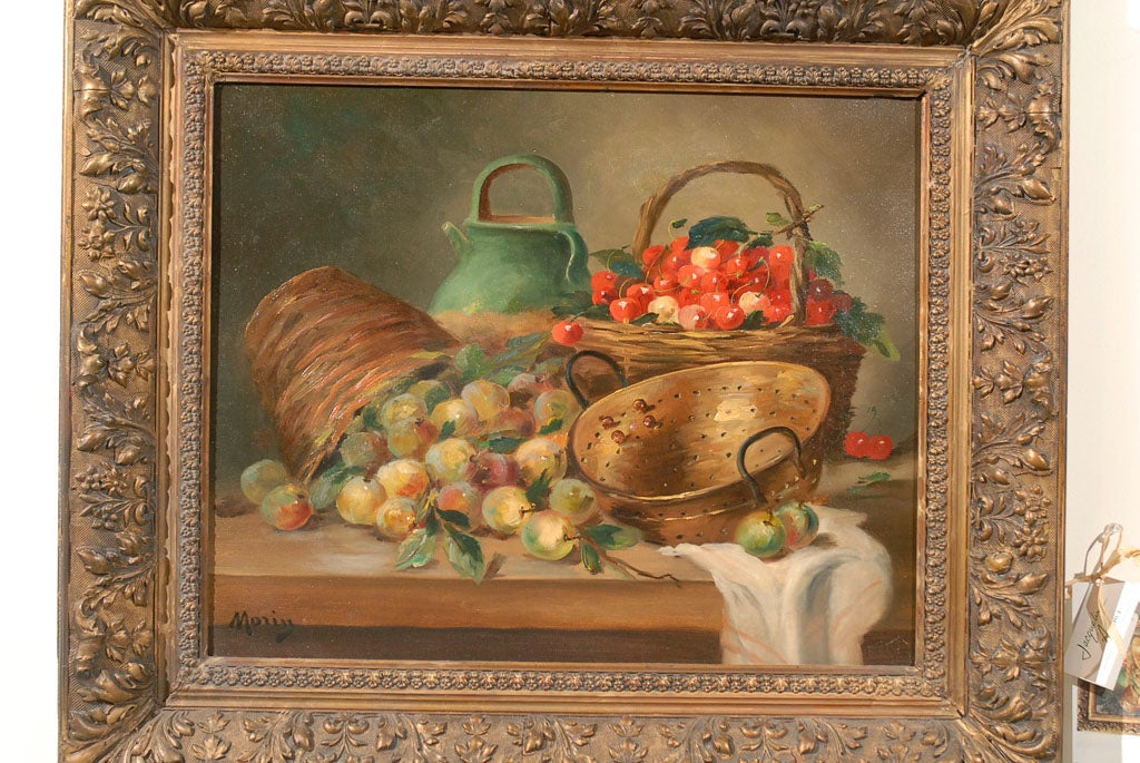 Français Huile sur toile encadrée de nature morte encadrée, signée Morin, représentant des fruits en vente