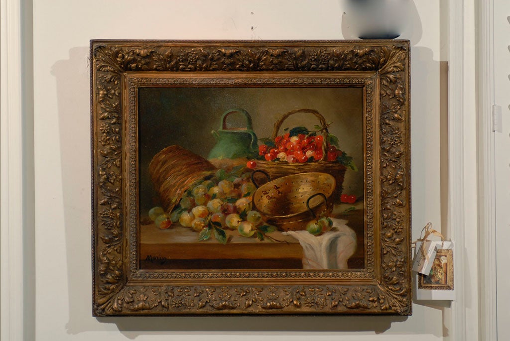 Huile sur toile encadrée de nature morte encadrée, signée Morin, représentant des fruits en vente 3