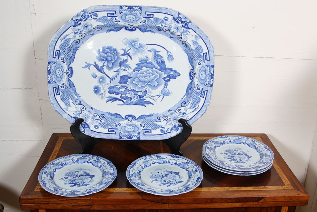 Pottery Staffordshire Platter and set of six dessert plates For Sale