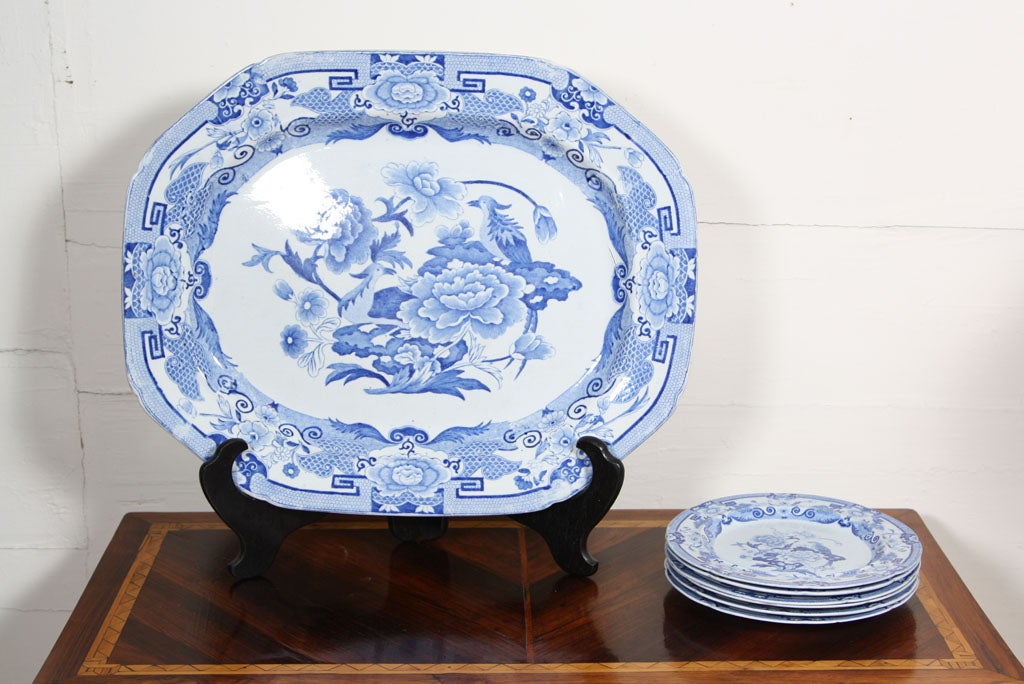 A Lovely Staffordshire Platter and six Dessert Plates, with floral decoration and birds.
