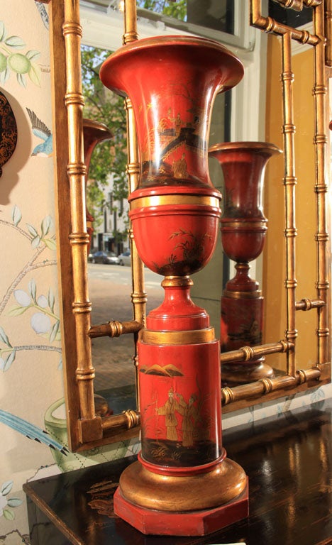 Pair Red Tole Chinoiserie Vases