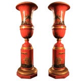 Pair Red Tole Chinoiserie Vases