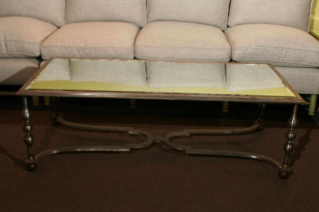Early 20th Century French Wrought Iron and Antiqued Mirror Coffee Table In Good Condition In Palm Beach, FL