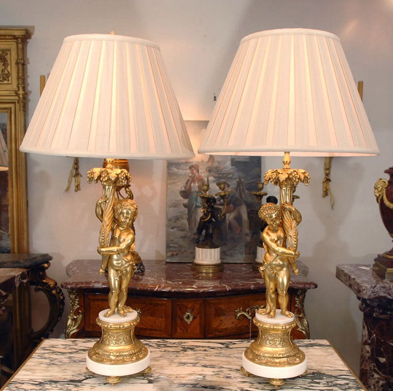 19th bronze dore cherub lamps