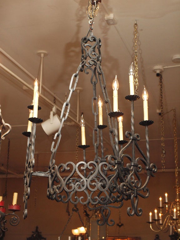 Antique French Wrought Iron Chateau Chandelier, with 9 Lights.