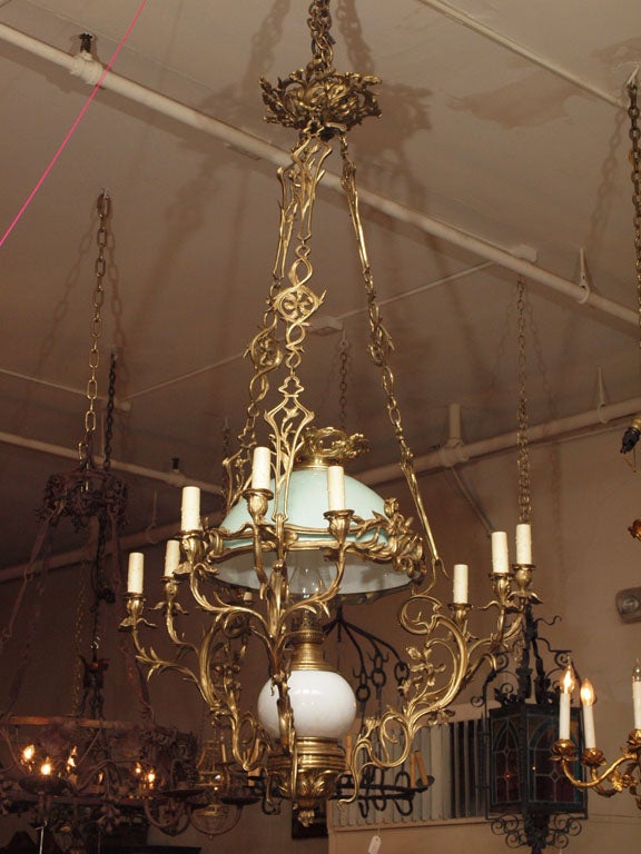 Antique French Bronze Oil and Candle Chandelier, with 10 Lights.