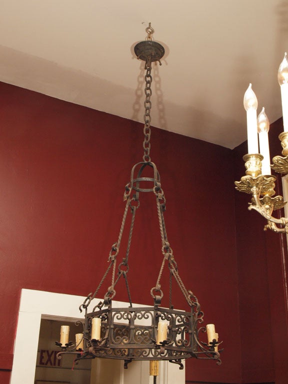 Antique French Wrought Iron Tavern Chandelier