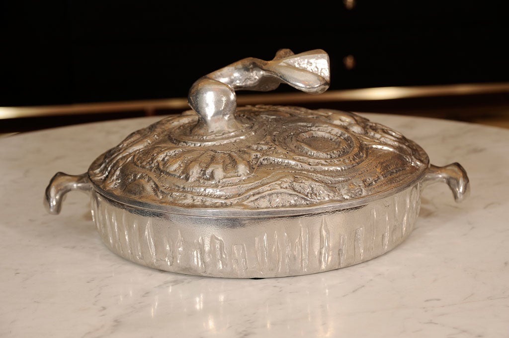 Vintage Donald Drumm covered serving dish in a bold sculptural cast aluminum. Please contact for location. 