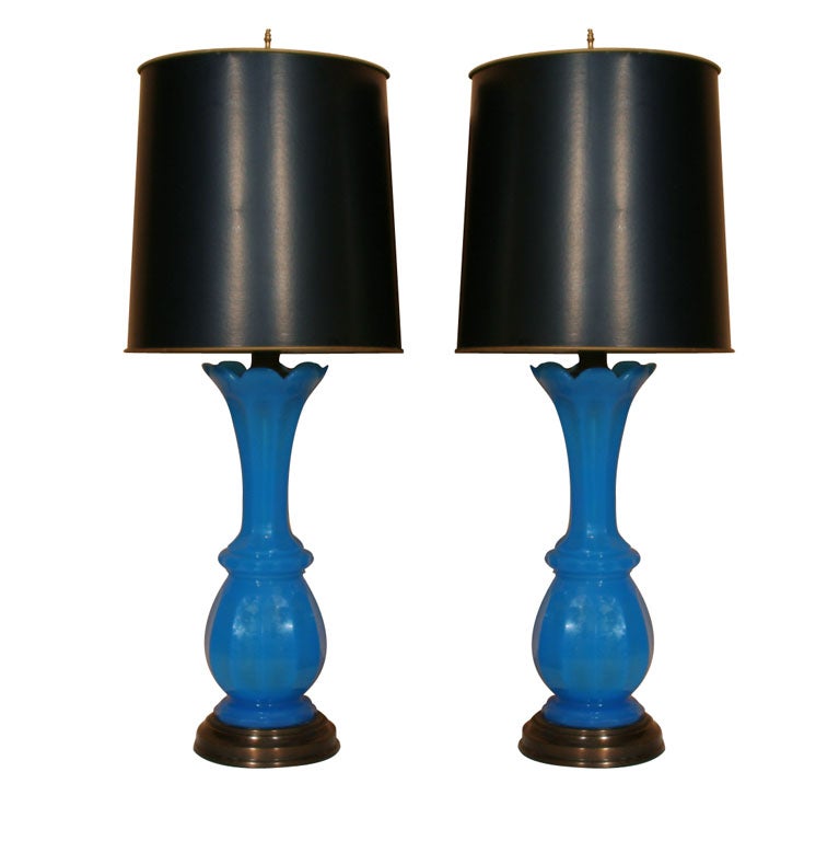 Pair of French Blue Opaline Vase Lamps, Circa 1860