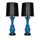 Pair of French Blue Opaline Vase Lamps, Circa 1860