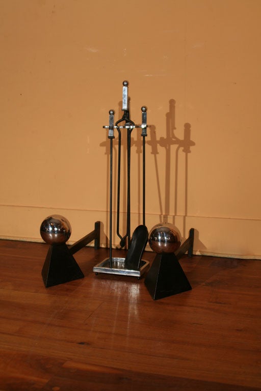 Set of Samuel Marx Art Deco Andirons & Firetools and Stand from a 1540 Lake Shore Drive, Chicago installation. Manufactured by Cutter Yoke Mfg. MA
