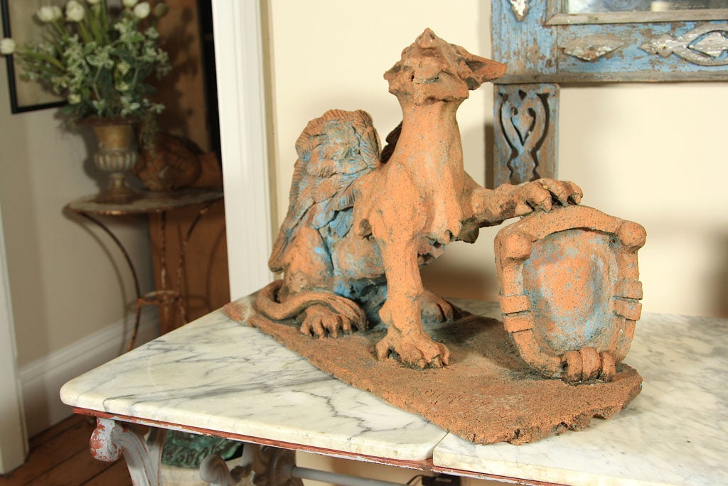 Hand-Crafted Pair of French Signed and Dated Terracotta Dragon-Like Griffins For Sale