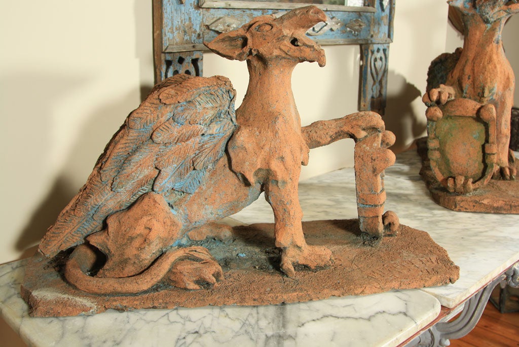 Pair of French Signed and Dated Terracotta Dragon-Like Griffins In Good Condition For Sale In Woodbury, CT