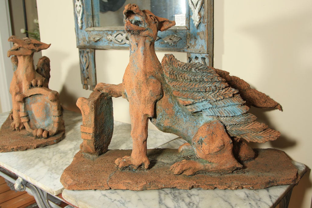 19th Century Pair of French Signed and Dated Terracotta Dragon-Like Griffins For Sale