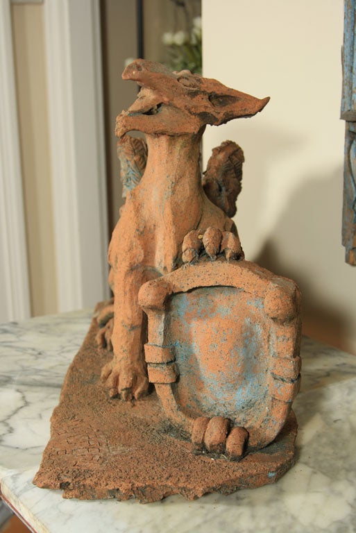 Pair of French Signed and Dated Terracotta Dragon-Like Griffins For Sale 1