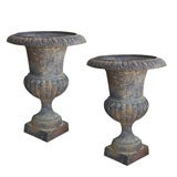 Antique Pair French Cast Iron Campana Urns