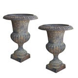 Pair French Cast Iron Campana Urns