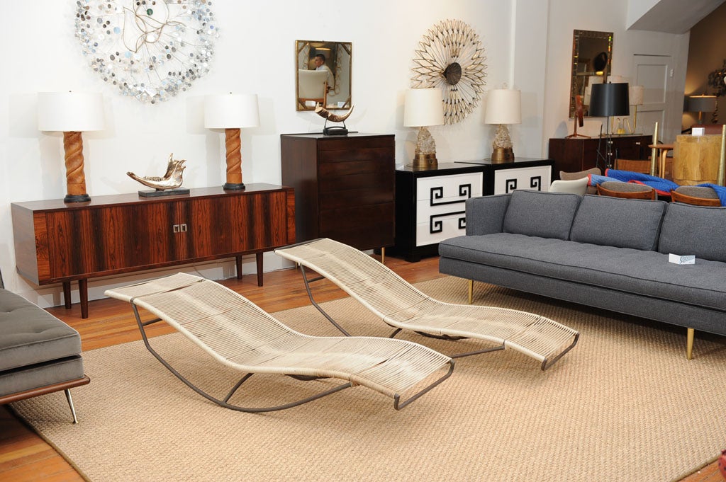 Pair of early production Walter Lamb chaise lounges from a Santa Barbara estate, in excellent original condition. Matching cocktail table available.