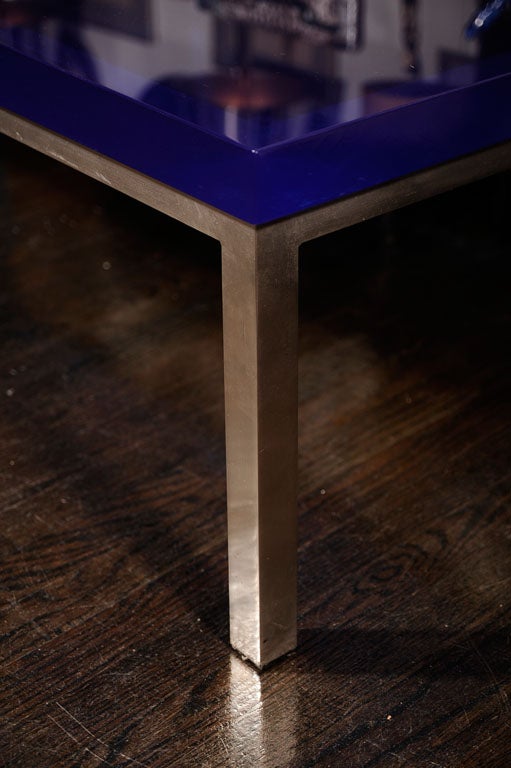Aluminum Coffee Table with Blue Resin Top, French 1960s