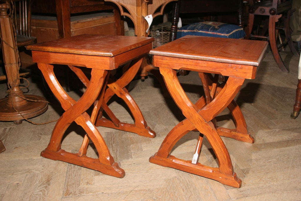 Pair of English Late Gothic-Pugin Style Double X- Base Stools
