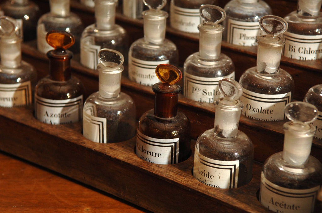 French Apothecary Cabinet with Small Pharmacy Bottles 1