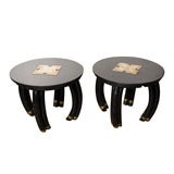 Ritts & Co low side table/stools in brass and ebony rattan.