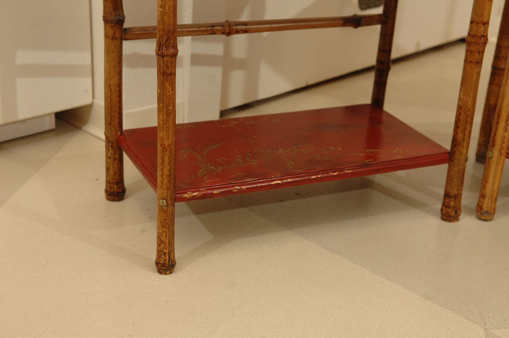 Pair of Red Lacquered and Bamboo Etageres