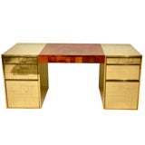 Monumental Paul Evans Cityscape Burl and Brass Desk