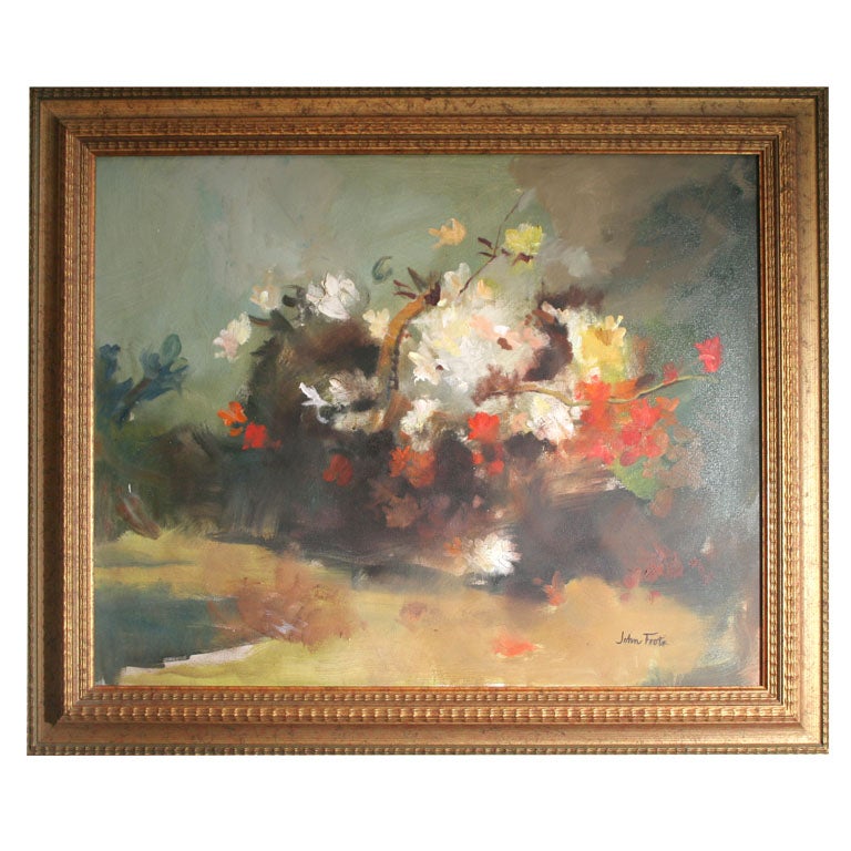 "Still Life with Flowers in a Basket" by John Foote. Oil on Canvas. For Sale
