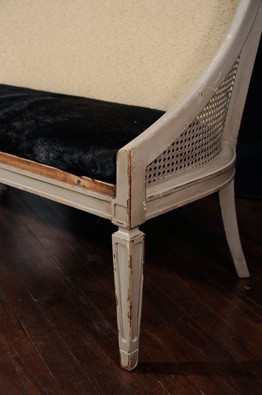 Fine looking Belgium 60's settee dressed with a natural black cowhide seat and backing. Arms are caned and purposely scuffed legs and arms,(please see photos). Painted over with antique gray paint that matches very well with any decor. Comes with