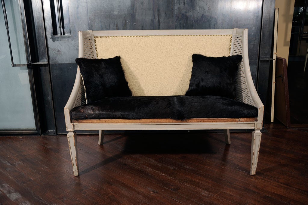 Belgian Vintage Belgium Cowhide Caned Settee with Pillows