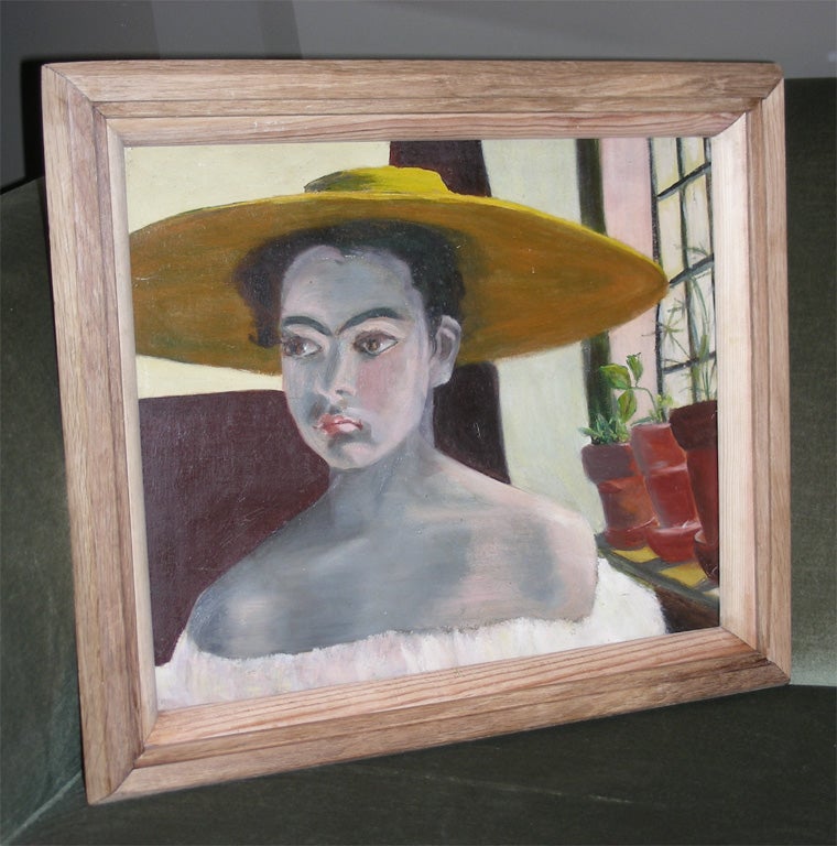 1920s portrait painting of a woman wearing a large hat, signed on the back by Raoul Martinez (1876-1973). Information on the artist is found on the internet, in 