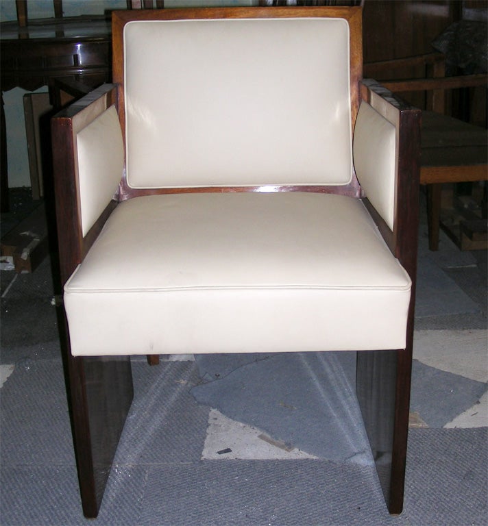 1930s modernist desk armchair attributed to Michel Dufet in mahogany and new cream leather.