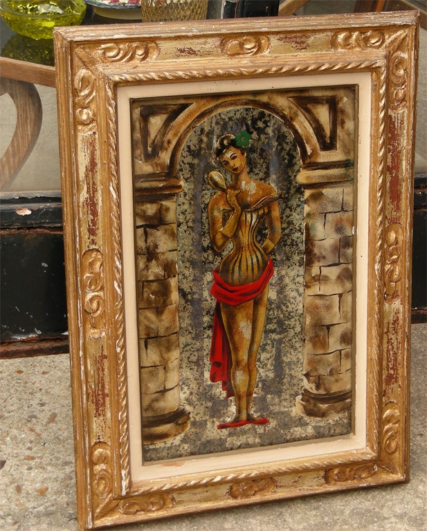 18970s eglomised mirror with the image of a woman in the center,  framed in gilt wood