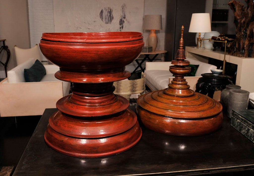 19th Century Large Red Lacquer Offering Bowl with Top and Inside Tray For Sale