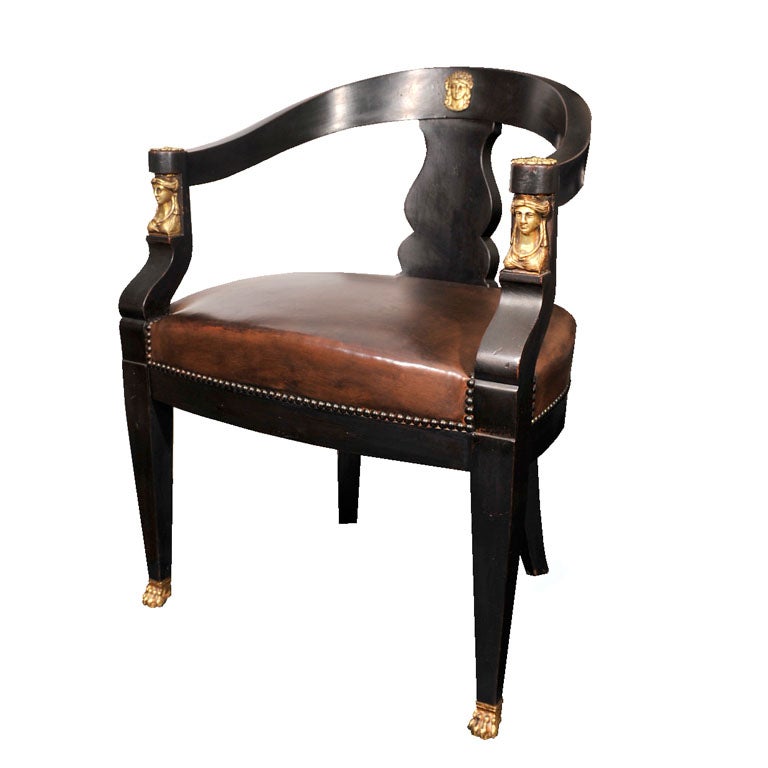 19th Century French Ebonized Leather Desk Chair with Bronze Details For Sale
