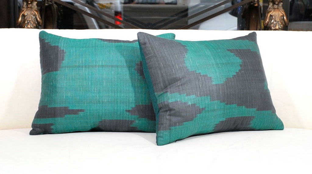 Silk Ikat Cushions in Emerald Green & Black