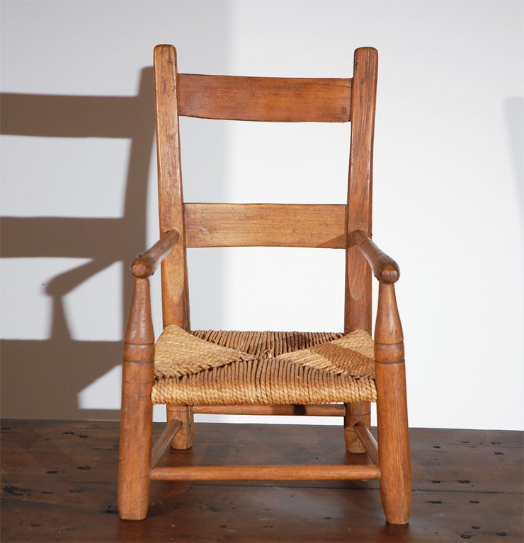 Folk Art Early 19th Century Hickory Childs Chair with Original Rush Seat